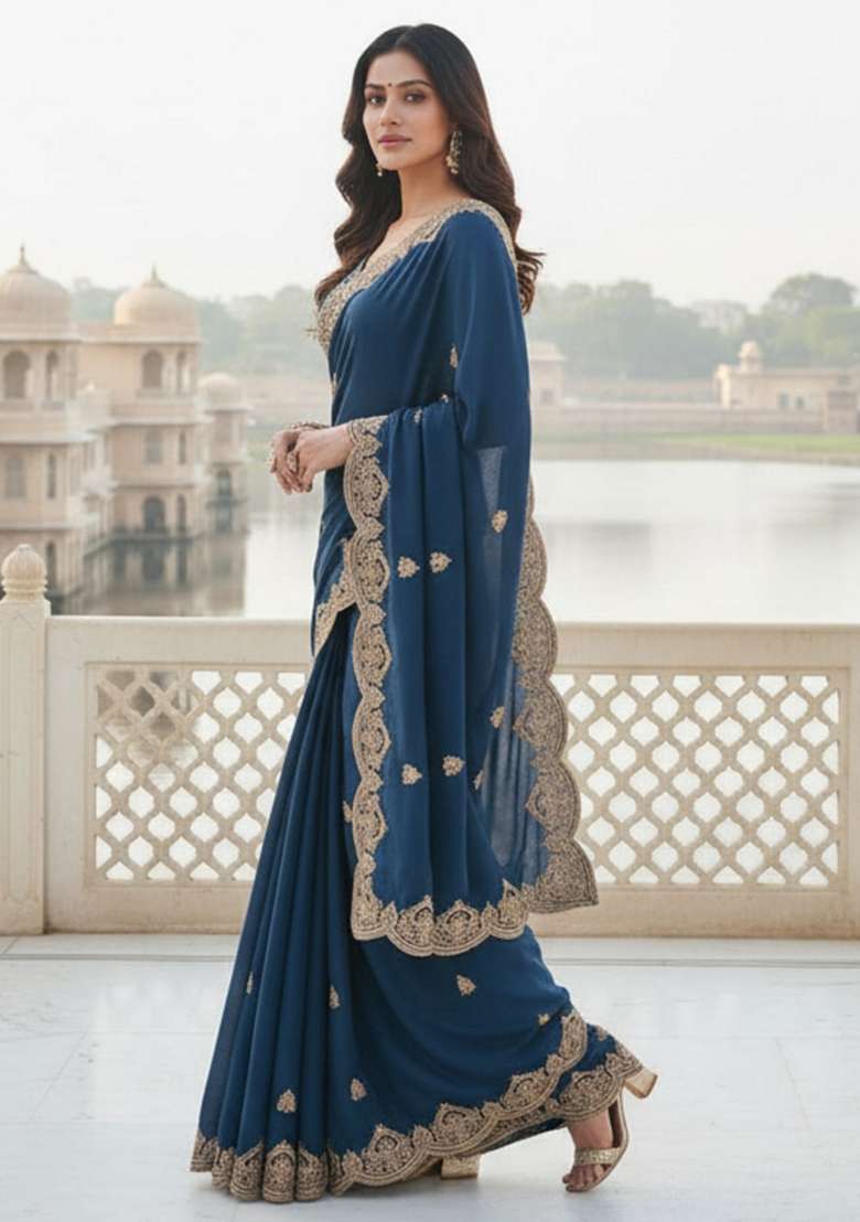 Blue Georgette Saree Set with Embroidered for Diwali | Wedding & Festive Wear - Indya