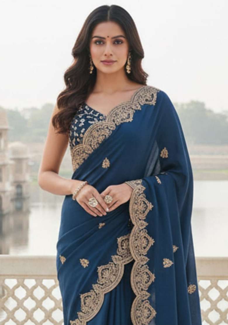 Blue Georgette Saree Set with Embroidered for Diwali | Wedding & Festive Wear - Indya