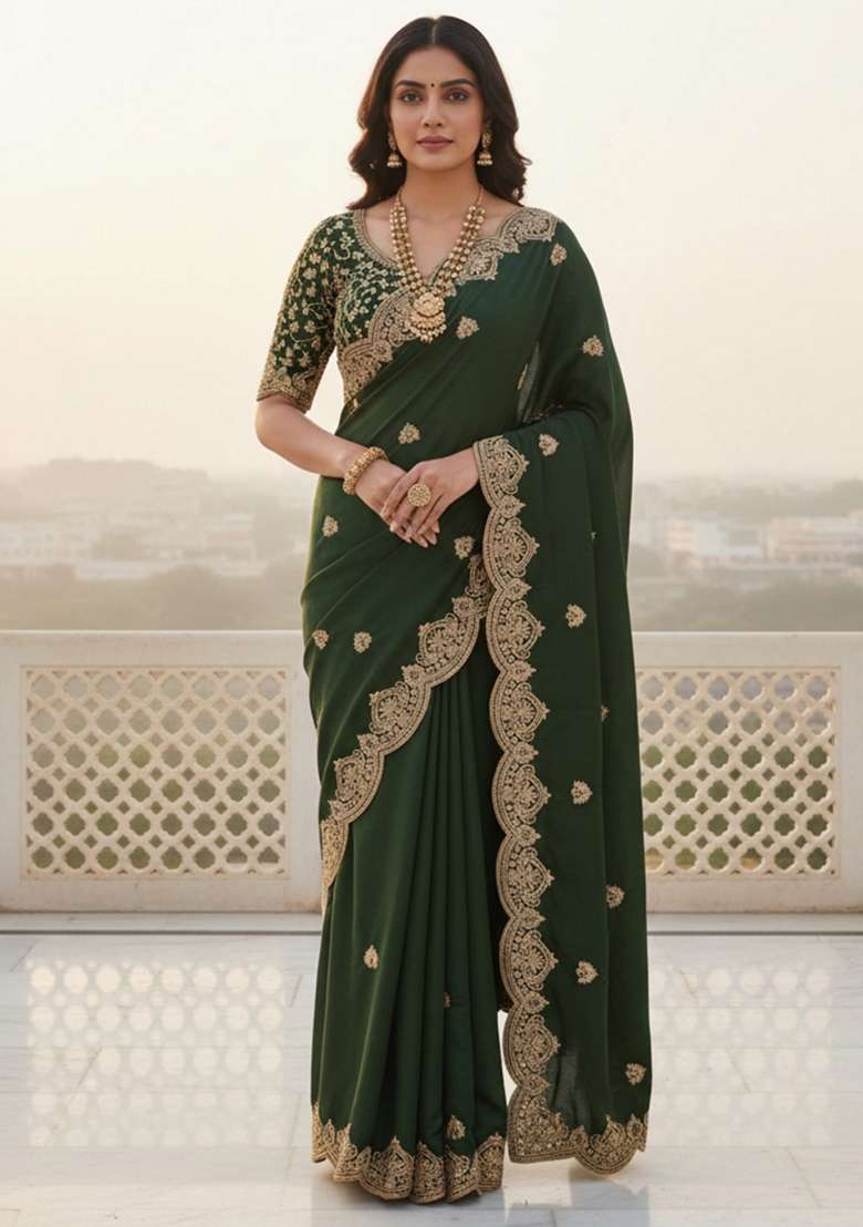 Light Green Embroidered Georgette Saree Set for Diwali and Festive Wear - Indya