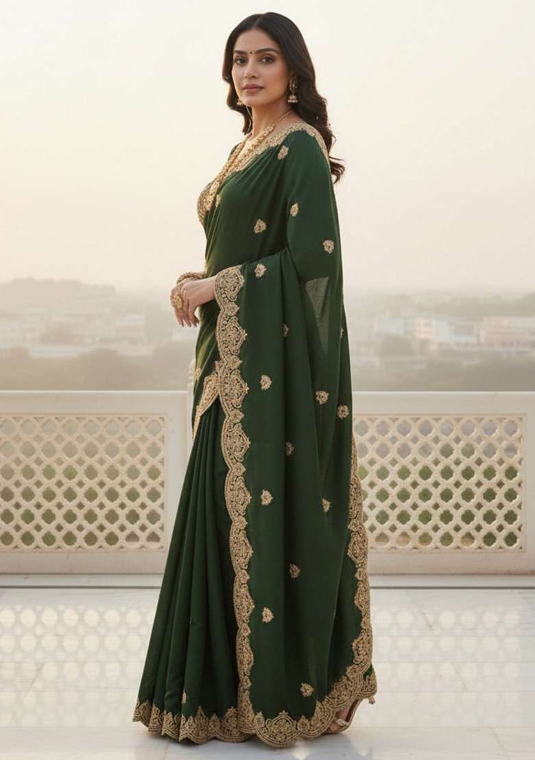 Light Green Embroidered Georgette Saree Set for Diwali and Festive Wear - Indya