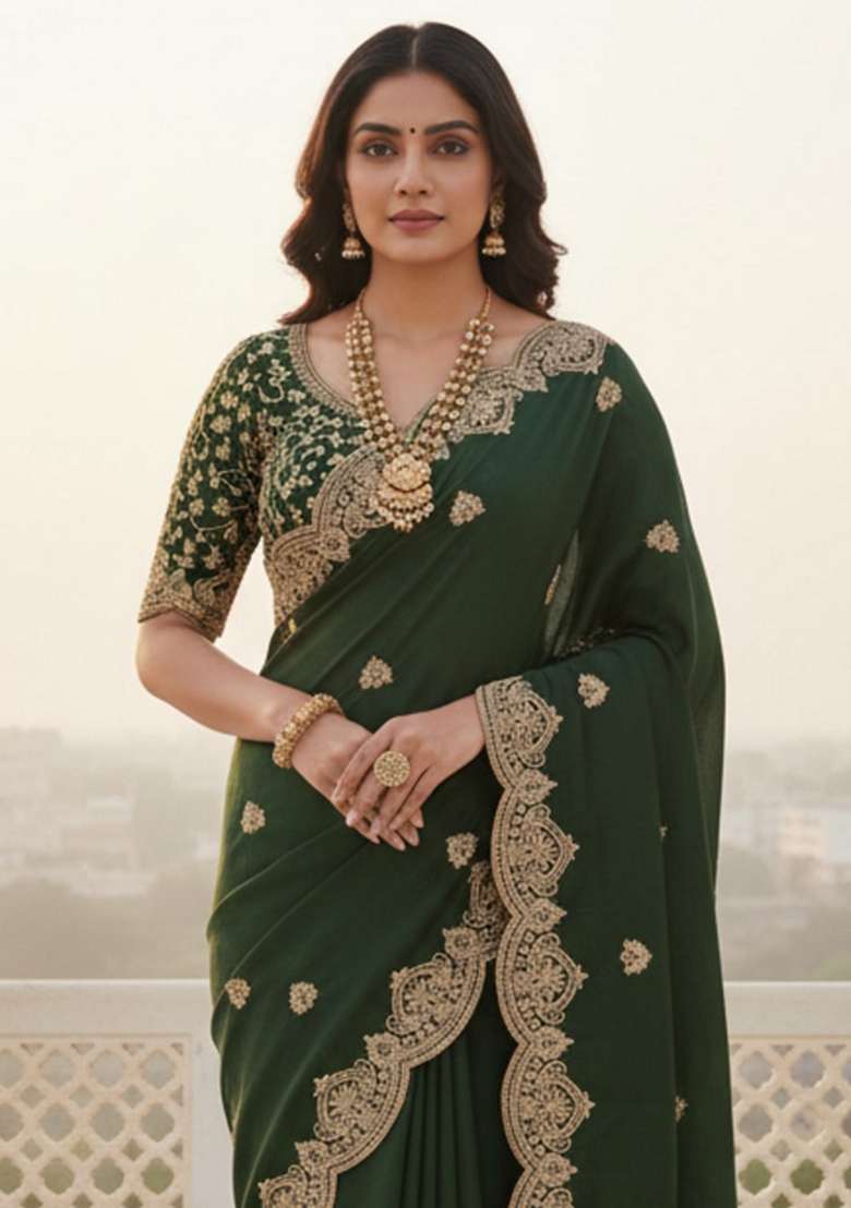 Light Green Embroidered Georgette Saree Set for Diwali and Festive Wear - Indya