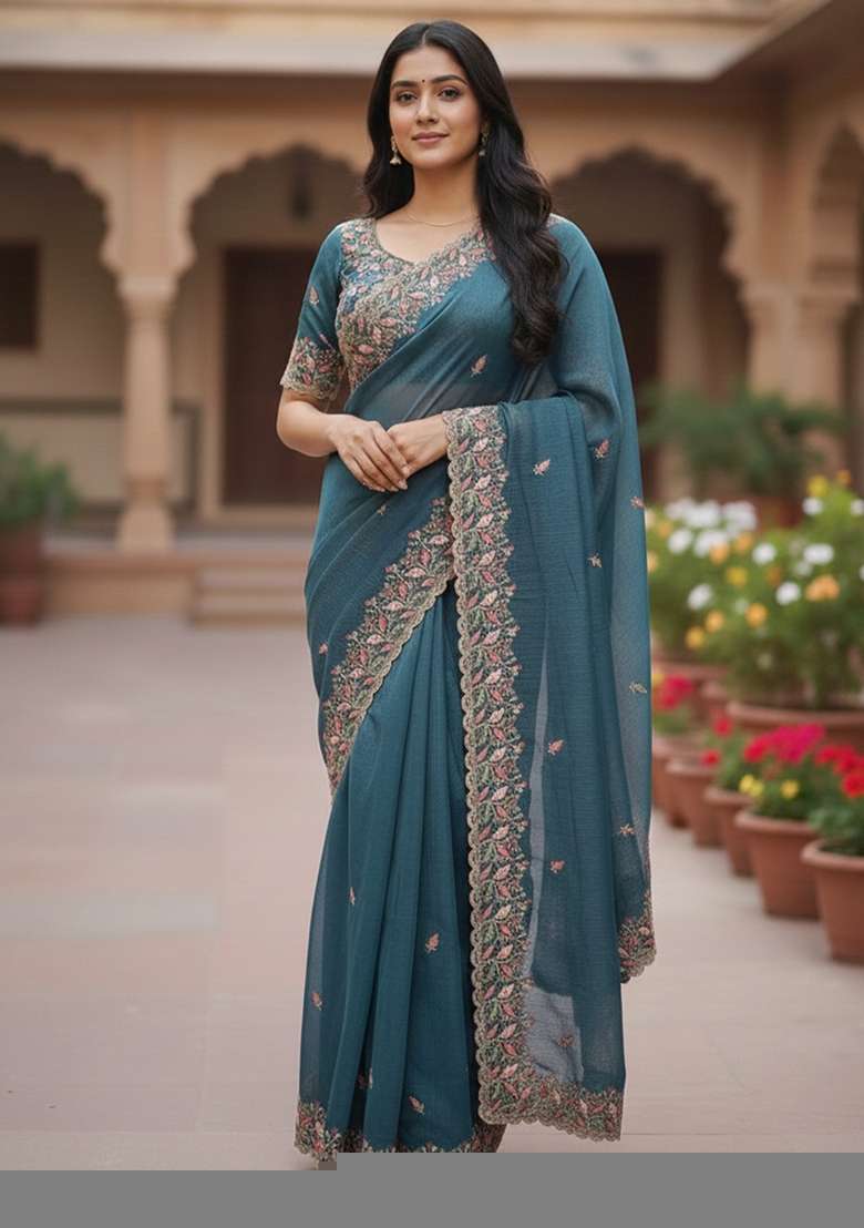 Blue Embroidered Chiffon Saree Set - Indya