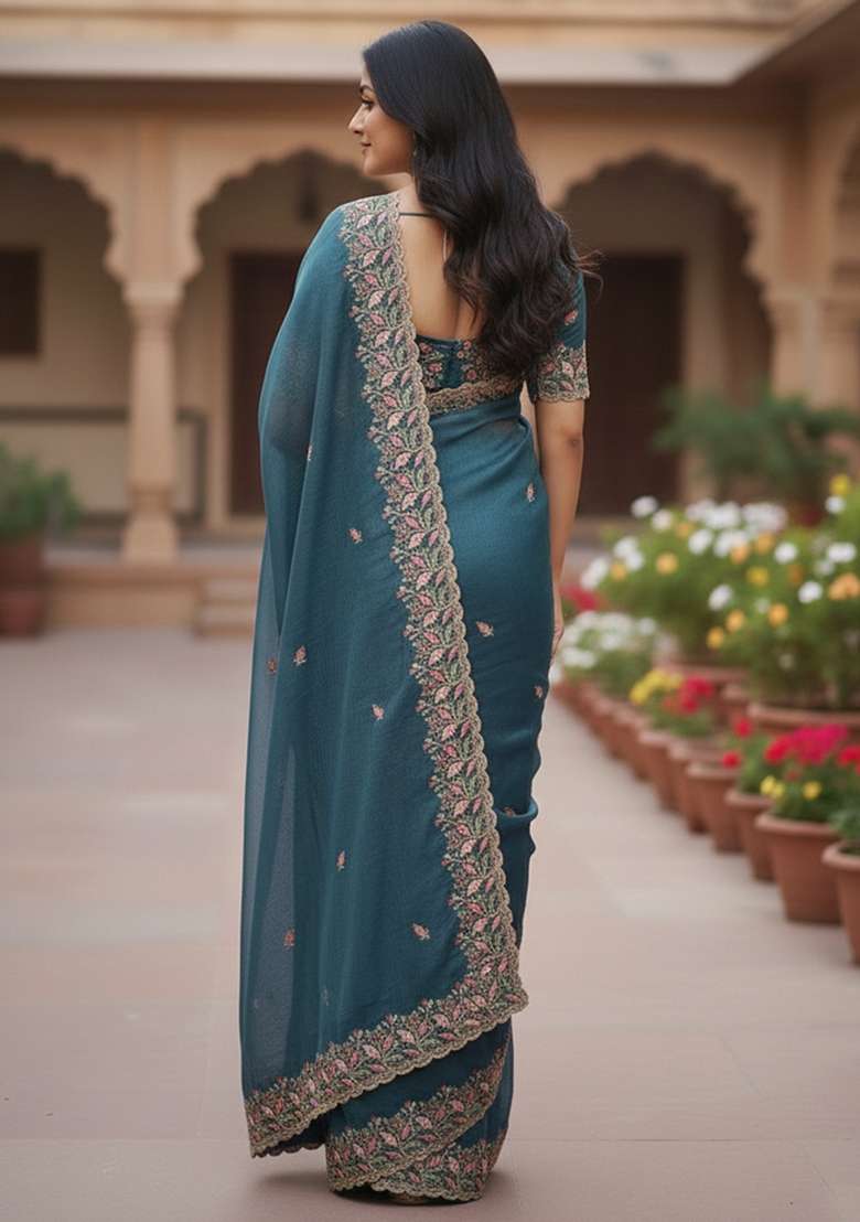 Blue Embroidered Chiffon Saree Set - Indya