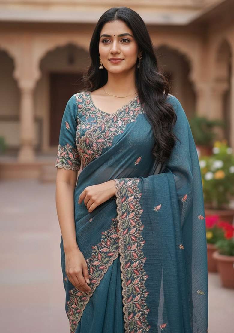 Blue Embroidered Chiffon Saree Set - Indya