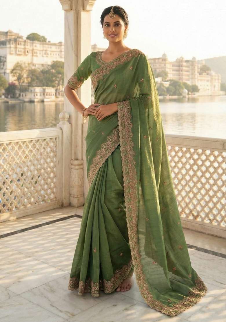Light Green Chiffon Saree Set with Embroidered for Diwali | Wedding & Festive Wear - Indya
