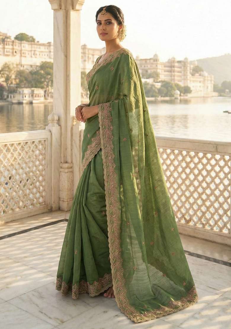 Light Green Chiffon Saree Set with Embroidered for Diwali | Wedding & Festive Wear - Indya