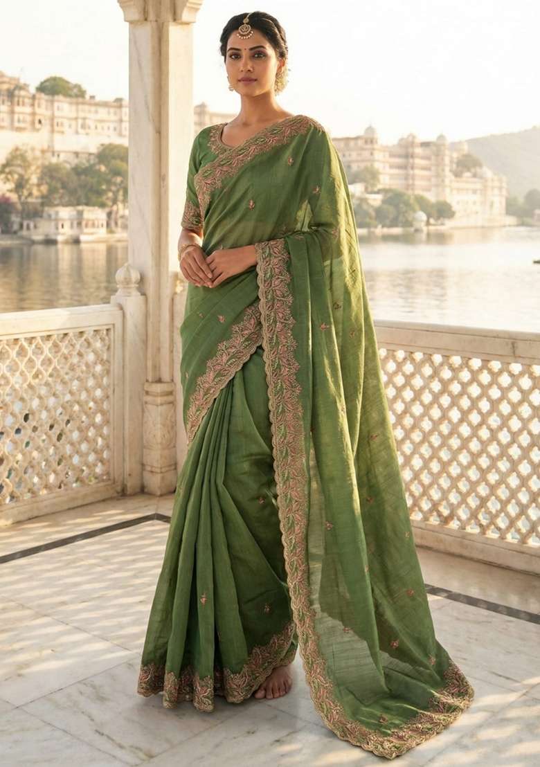 Light Green Chiffon Saree Set with Embroidered for Diwali | Wedding & Festive Wear - Indya