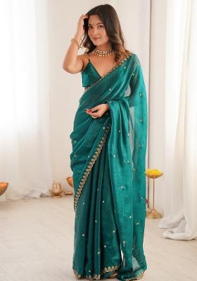 Teal Blue Embellished Silk Blend Saree Set