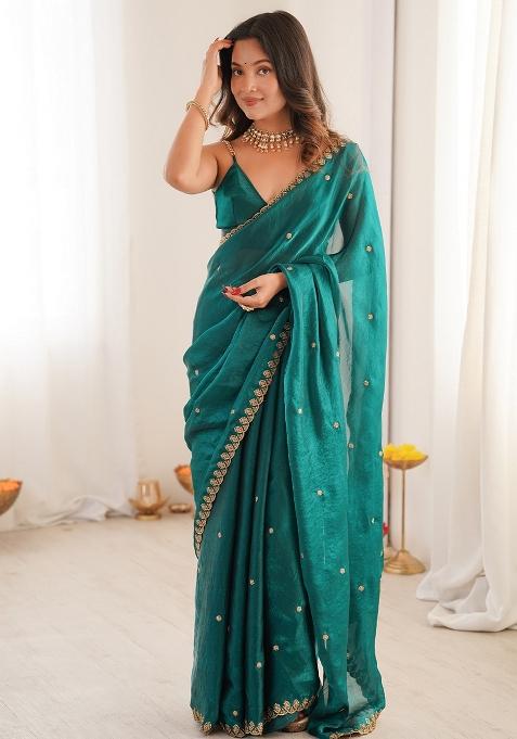 Teal Blue Embellished Silk Saree Set