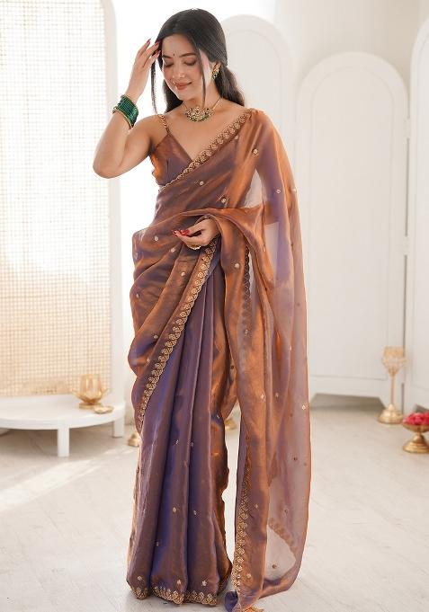 Rose Gold Embellished Silk Saree Set