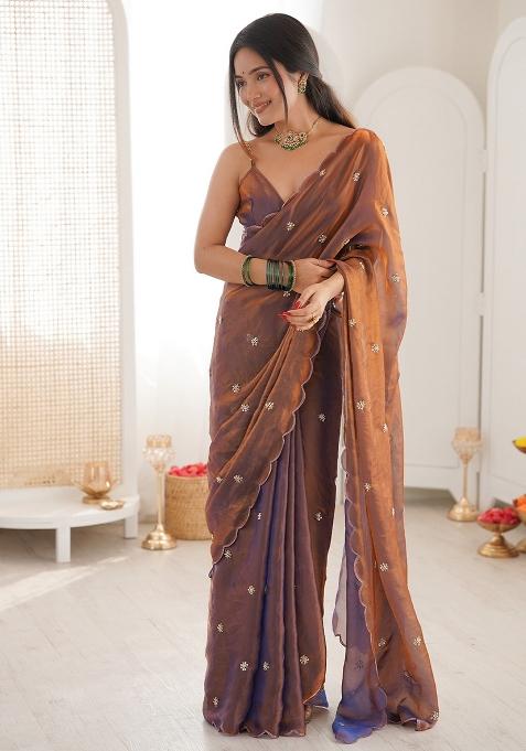 Rose Gold Embellished Silk Blend Saree Set