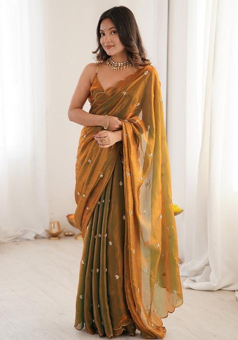 Golden Embellished Silk Saree Set — view on Indya