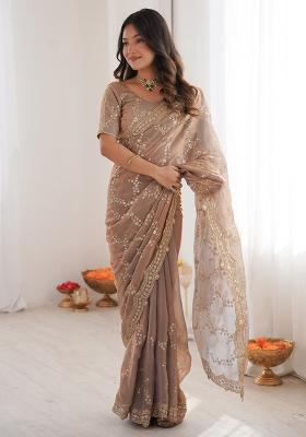 Beige Embellished Satin Saree Set