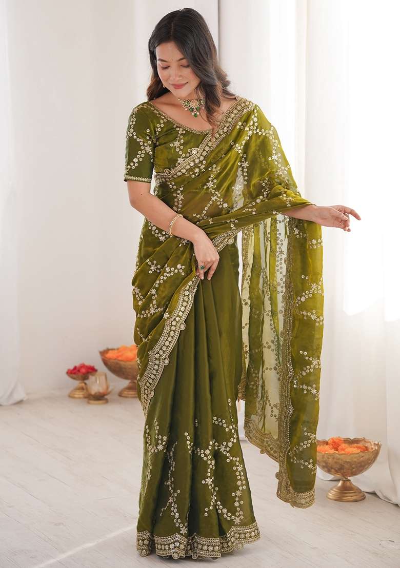 Olive Embellished Satin Saree Set for Diwali | Wedding & Festive Wear - Indya