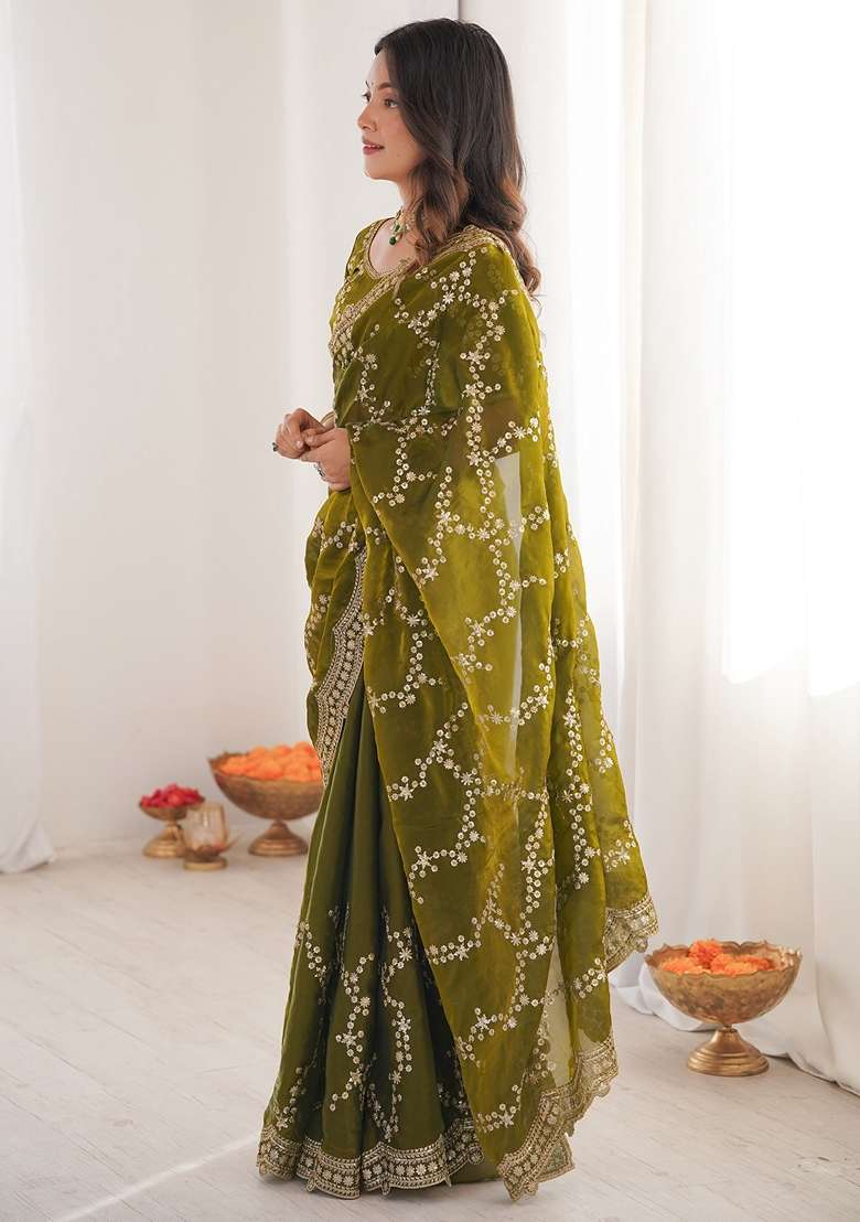 Olive Embellished Satin Saree Set for Diwali | Wedding & Festive Wear - Indya