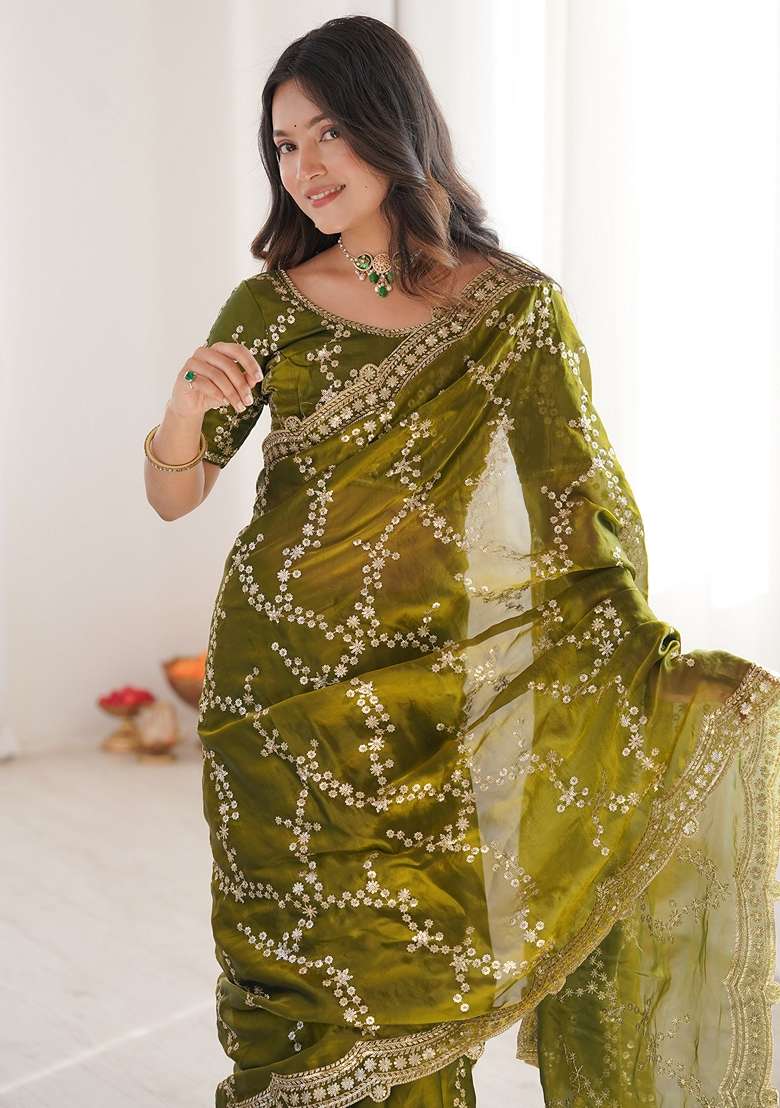 Olive Embellished Satin Saree Set for Diwali | Wedding & Festive Wear - Indya