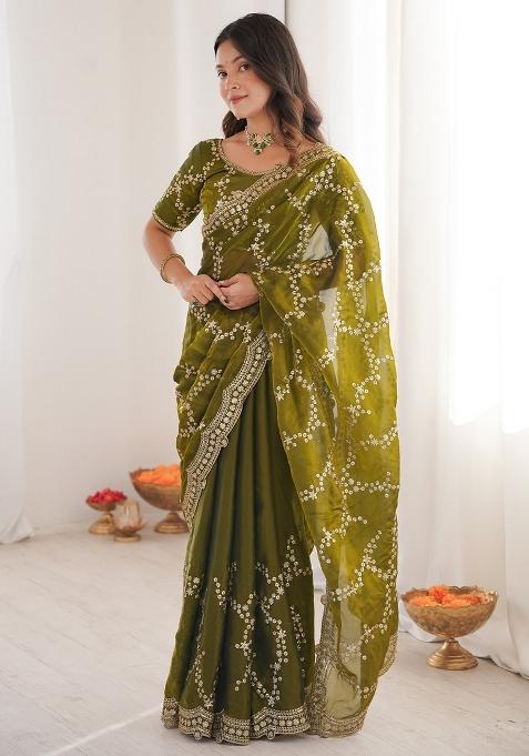 Olive Embellished Satin Saree Set