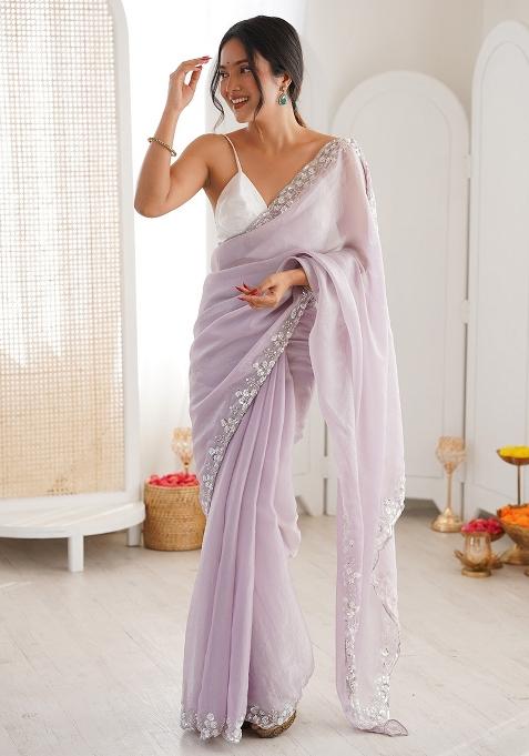 Lavender Embellished Chiffon Saree Set