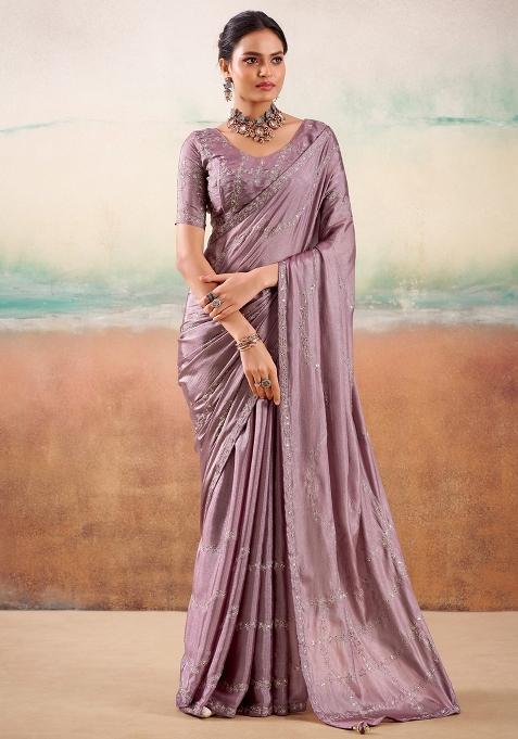 Mauve Embellished Georgette Saree Set — view on Indya