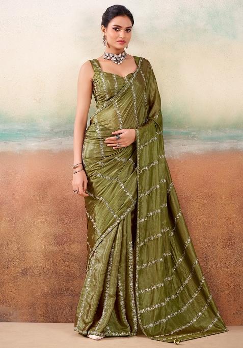 Green Embellished Georgette Saree Set — view on Indya