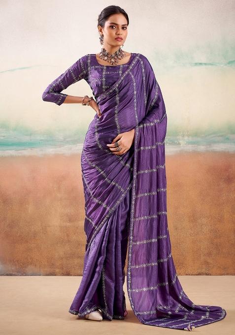 Purple Embellished Georgette Saree Set