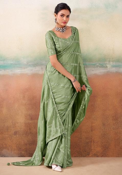 Light Green Embellished Georgette Saree Set