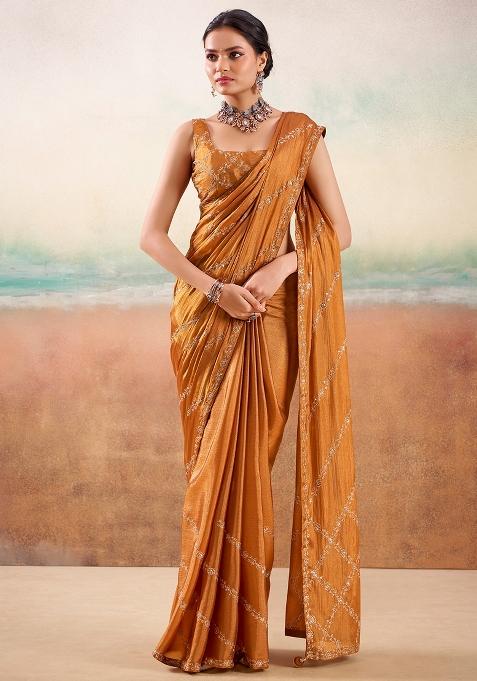 Golden Embellished Georgette Saree Set
