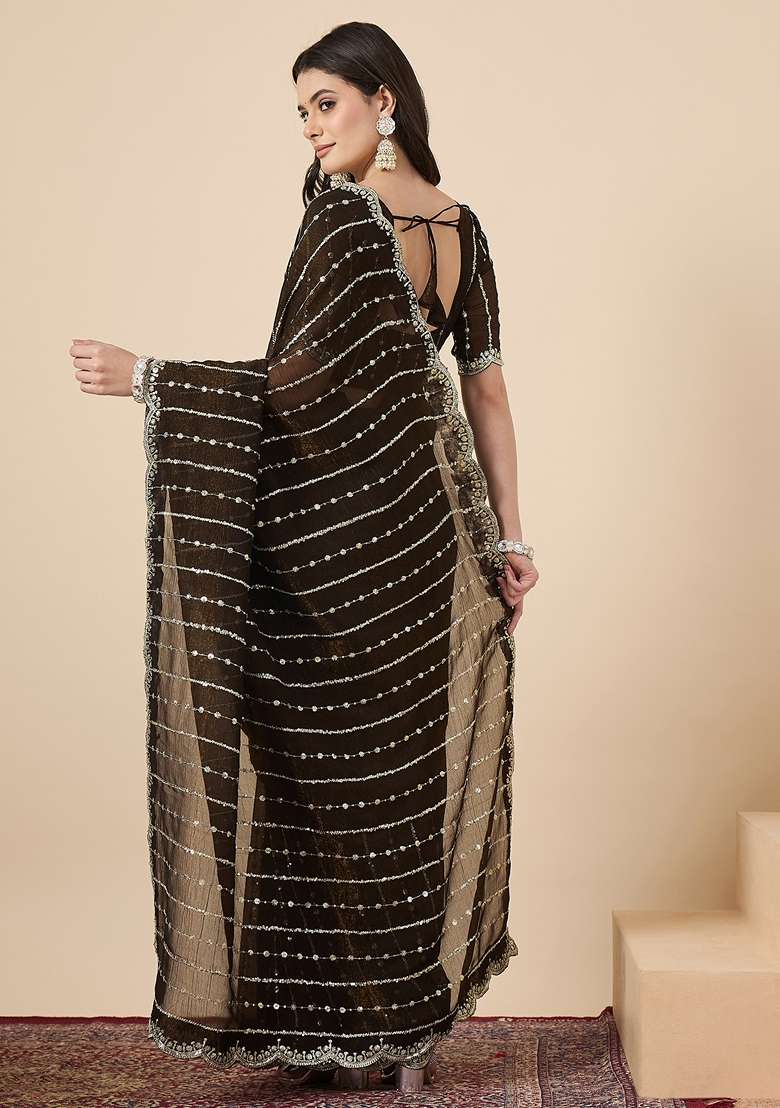 Olive Embellished Chiffon Saree Set for Diwali | Wedding & Festive Wear - Indya