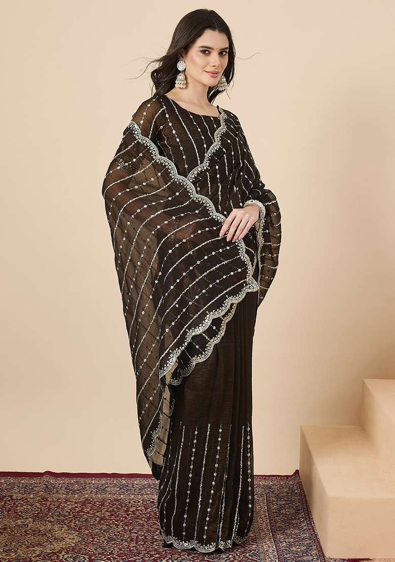 Olive Embellished Chiffon Saree Set for Diwali | Wedding & Festive Wear - Indya