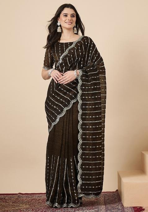 Olive Embellished Chiffon Saree Set