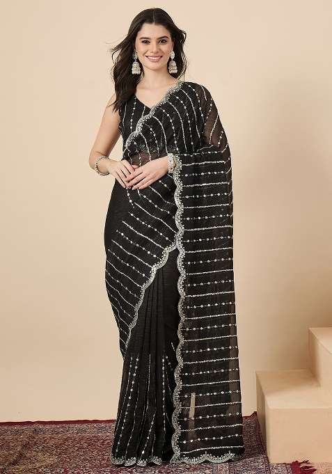 Black Embellished Chiffon Saree Set for Diwali and Festive Wear