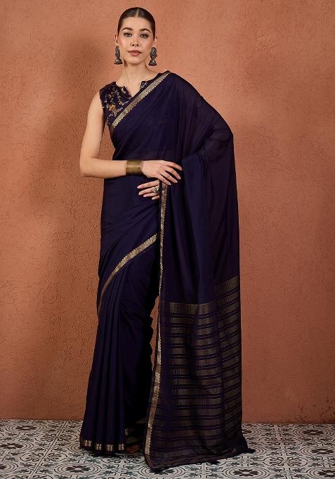 Navy Blue Woven Design Silk Blend Saree Set
