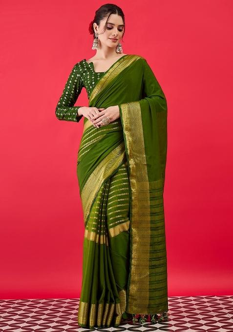 Green Woven Design Silk Saree Set — view on Indya