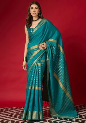 Light Blue Woven Design Silk Blend Saree Set