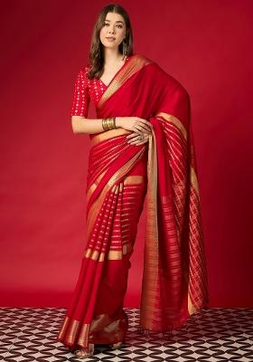 Red Woven Design Silk Blend Saree Set
