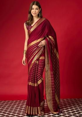 Maroon Woven Design Silk Blend Saree Set