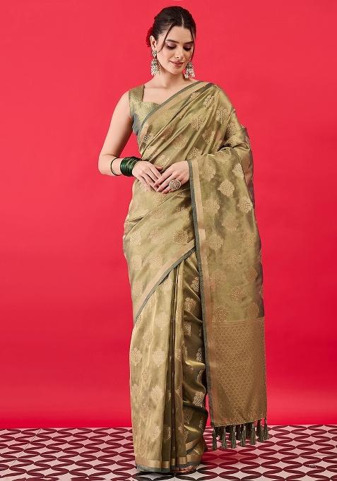 Light Green Woven Design Tissue Saree Set — view on Indya