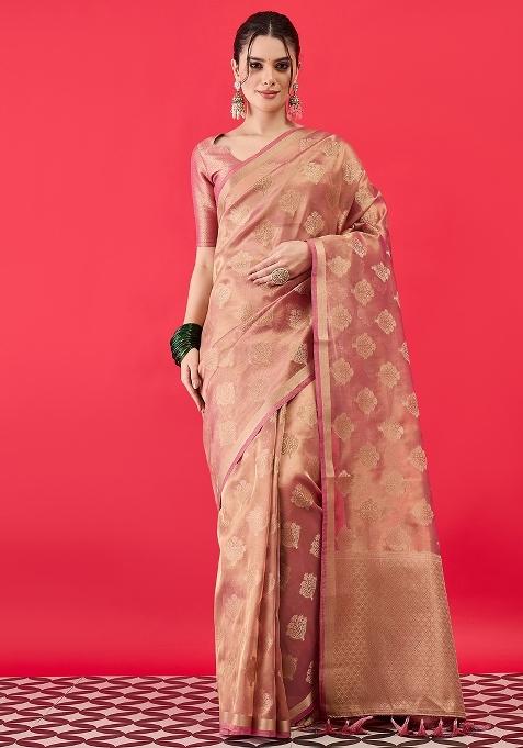 Pink Woven Design Tissue Saree Set