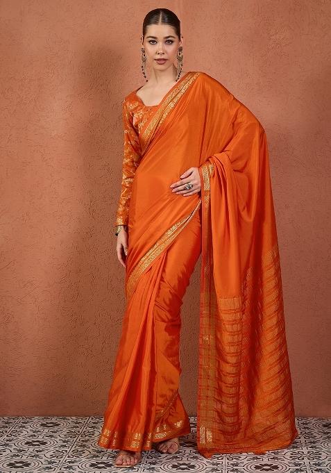 Orange Woven Design Silk Saree Set — view on Indya