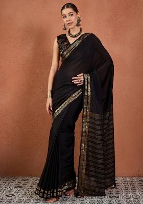 Black Woven Design Silk Saree Set