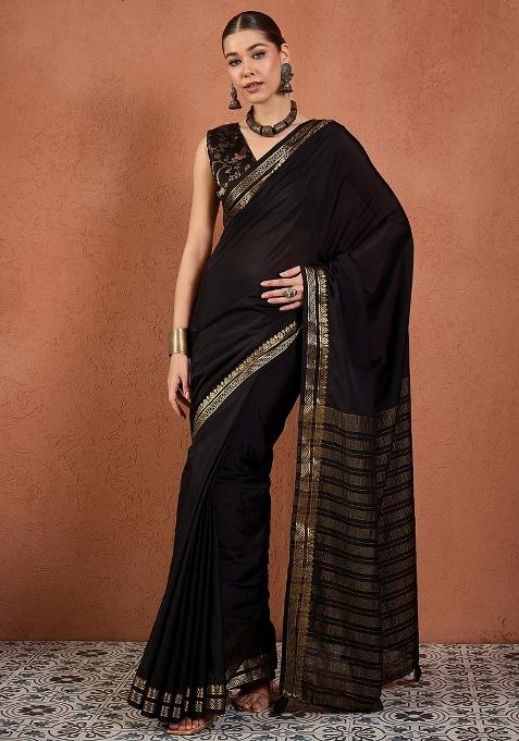 Black Woven Design Silk Saree Set