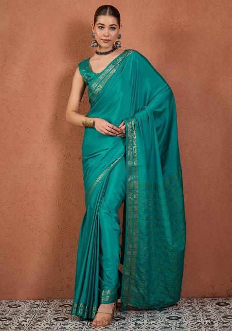 Turquoise Woven Design Silk Saree Set — view on Indya