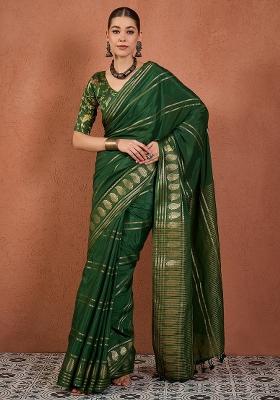 Green Woven Design Silk Blend Saree Set
