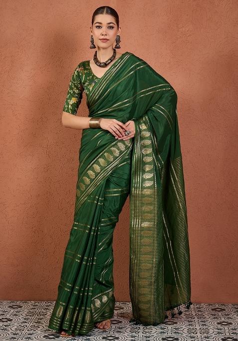 Green Woven Design Silk Saree Set — view on Indya