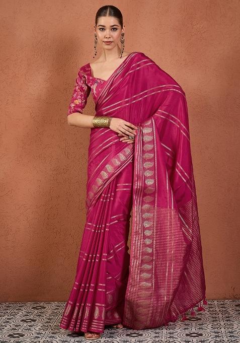 Pink Woven Design Silk Saree Set — view on Indya