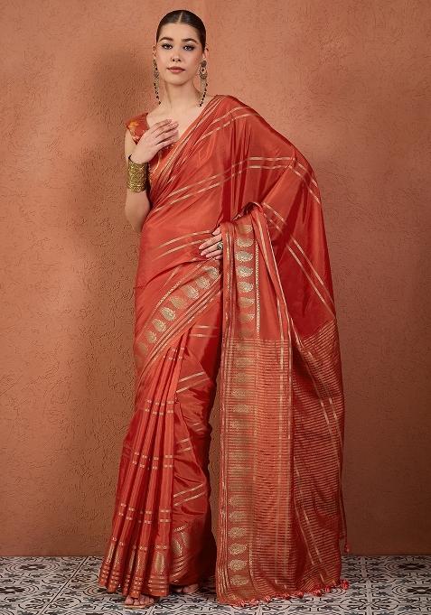 Red Woven Design Silk Blend Saree Set