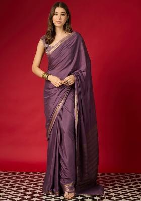 Lavender Woven Design Silk Blend Saree Set