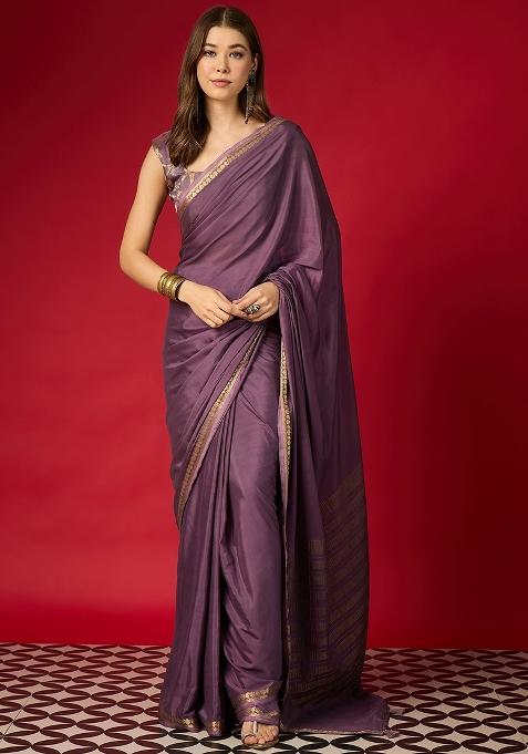 Lavender Woven Design Silk Blend Saree Set