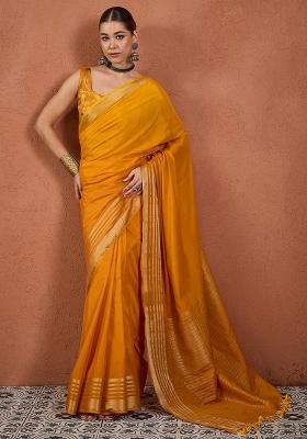 Mustard Woven Design Silk Blend Saree Set