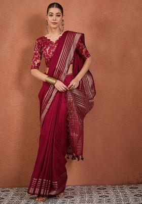 Maroon Woven Design Silk Blend Saree Set